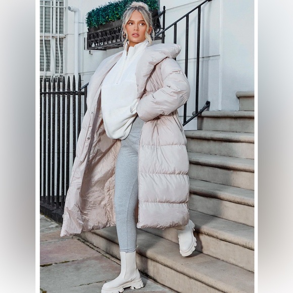 TAUPE CHEVRON QUILTED MAXI PUFFER COAT - Picture 1 of 5